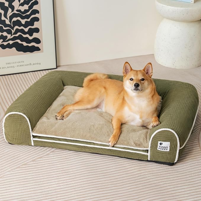 FUNNY FUZZY Orthopedic Dog Bed – Washable Dog Bed with Double Layer Plush Cushion Sofa Style Design with Bolstered Sides for Small Medium & Large Dogs Removable Cover M Size (23.6"x19.7"x6.9") Green