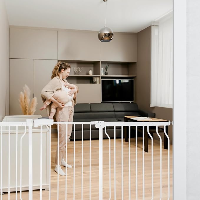 Extra Wide Baby Gate for Stairs Doorways with door, 30" Tall 57.1-66.5" Wide Easy Install Dog Gate indoor, Safety Metal Pressure Mounted Pet Gate with Walk-Thru Auto Close for the House, White