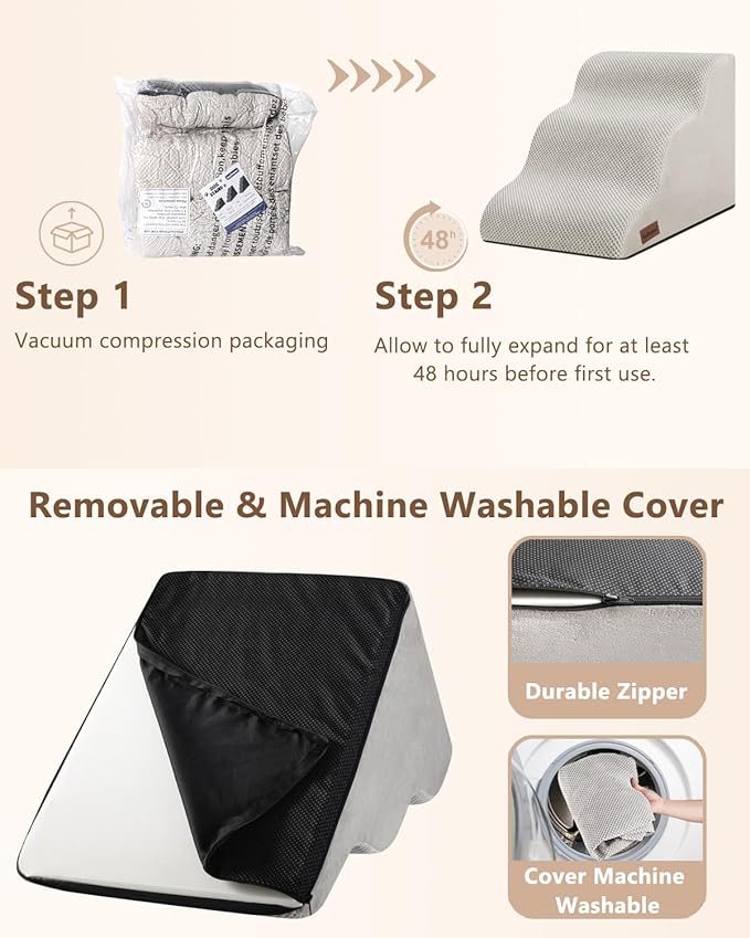 Dog Stairs for Small Dogs,3 Step Dog Ramp for Couch and Bed,Pet Stairs with Non-Slip Bottom for Old Cats,Indoor Pet Steps,Comfort,Durable,15.4" H,Light Grey