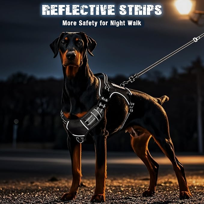 Tactical Dog Harness and Leash Set for Large Dogs,Heavy Duty No Pull Service Dog Vest and 10 Patches with Dog Seat Belt,Reflective Adjustable Pet Harness for Training Walking Hiking Black L