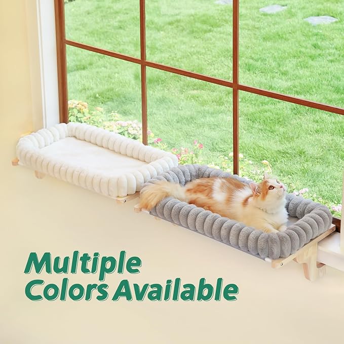 Zakkart SnugCloud Cat Window Perch with 4-Sided Bolster - Orthopedic Cat Hammock for Window Sill - Solid Hardwood & Metal Frame - Window Seat for Pets (Natural Color Wood w/Brown Bed, Large)