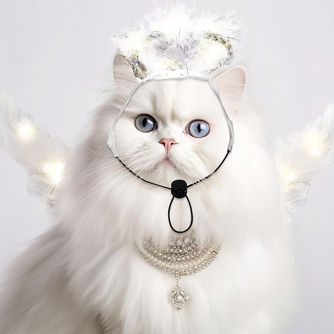Pet Cat Angel Costume Dog Christmas Dog Costumes Light up Angel Wings for Cats and Headbands Sets with LED Lights White Pet Cat Clothes for Halloween Special Events Party Supplies