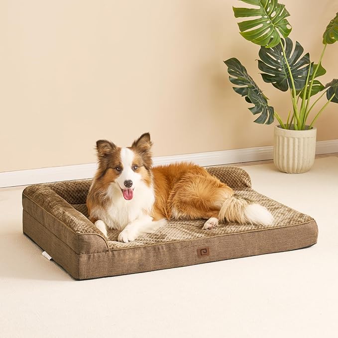 EHEYCIGA Memory Foam Dog Bed Large Sized Dogs, Pet Bed for Large Dog for Crate with Waterproof Liner, Pet Couch Bed Orthopedic with Washable Removable Cover, 35x23x6 Inches, Camel