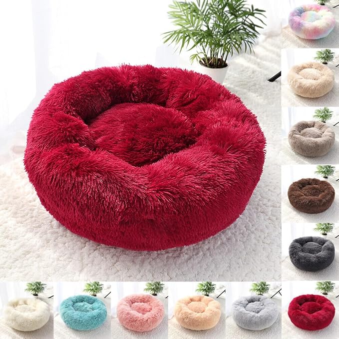 Cat Beds for Indoor Cats - Cat Bed Washable 24 inches, Dog Beds for Small Medium Dogs, Anti Anxiety Round Fluffy Plush Faux Fur Cat Bed, Thick Bottom (Red, Large 24" L x 24" W)