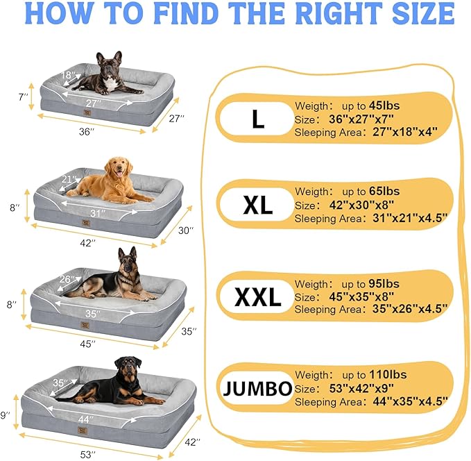Washable Orthopedic Large Dog Bed - Extra Large Dog Beds with Bolsters Removable Orthopedic Foam Support Dogs Bed Waterproof Cover Non-Slip Bottom Pet Beds