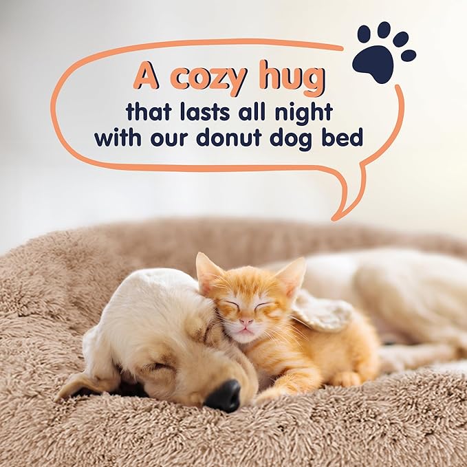 Donut Dog Bed - Premium Comfort for Anxiety Relief - Fluffy & Calming Design with Ultra-Plush Support | Cozy Round Dog Bed with Super Soft Circle Style (Size L Camel)