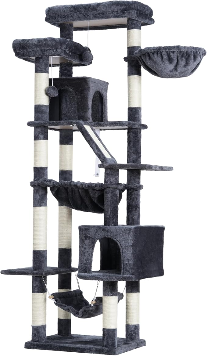Heybly Cat Tree, 71-Inch-Tall Tower for Indoor Cats with 2 Perches, 2 Big Condos, 2 Hammocks, Basket, Scratching Pad, Large Cat Furniture and Condo, Smoky Gray HCT034G