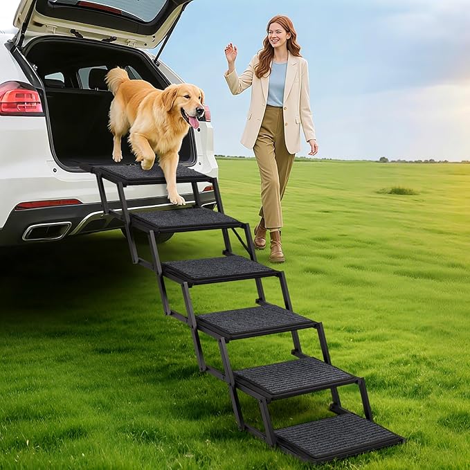 Extra Wide Dog Steps for Car, Truck and SUV - Foldable Pet Stairs for Large Dogs with Non-Slip Rug Surface, Lightweight Dog Ramp Holds Up to 250lbs, 6 Steps