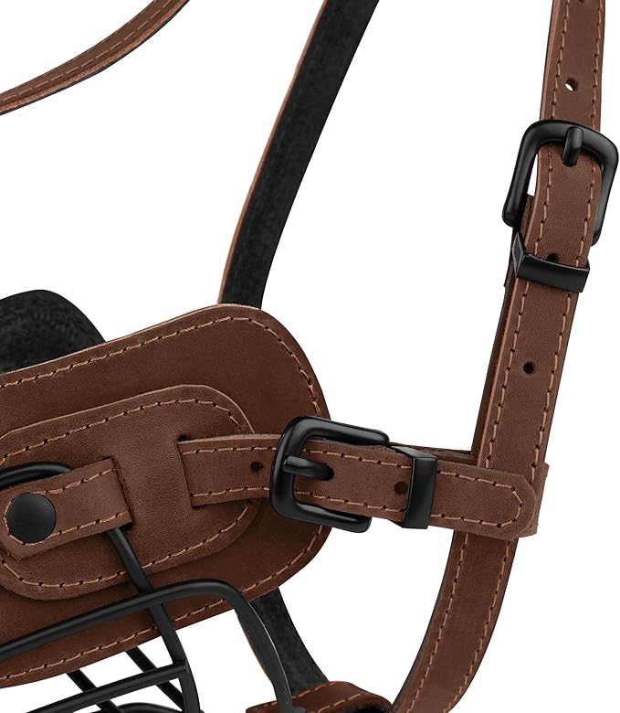 OOPSDOGGY Metal Pitbull Dog Muzzle Reflective Leather Mask Secure Wire Basket Muzzle for Large Dogs Brown, Pitbull