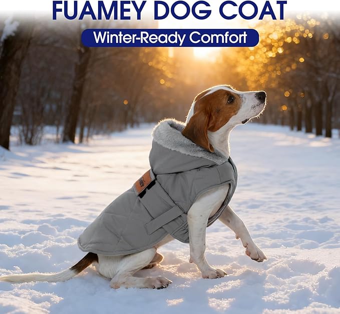 FUAMEY Extra Large Warm Dog Coat, Fleece Lined Jackets for Dogs Snow Outdoor, Sleeveless Puppy Vest Free to Move, Hooded Pup Snow Outfits with Harness Hole, Thermal Doggy Clothes (Gray, XL)
