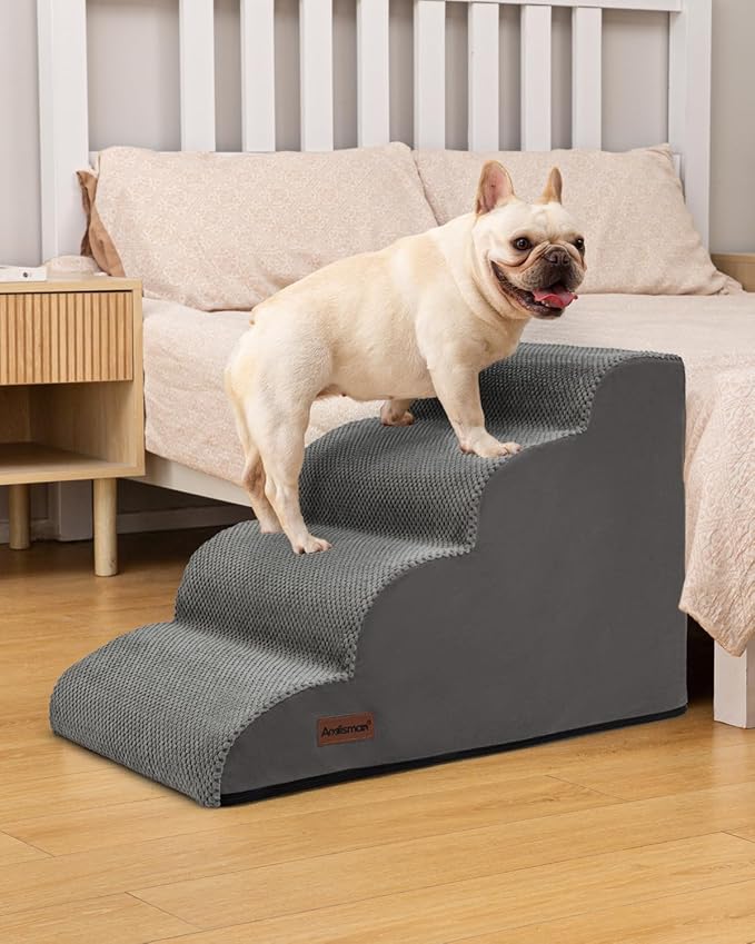 Dog Stairs Ramp for Bed and Couch,4 Step Dog Steps for Small Dogs,Pet Stairs with Non-Slip Bottom for Old Cats,Indoor Pet Steps,Comfort,Durable,17.4" H,Grey
