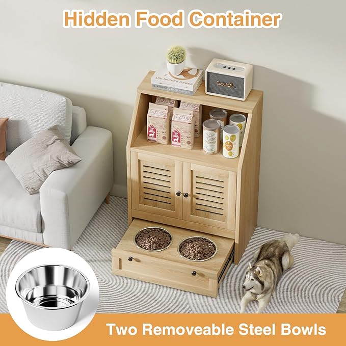 Giluta Dog Feeding Station with Storage Cabinet and 2 Elevated Dog Bowls, Hidden Pet Feeder Station Wood, Dog & Cat Storage Organizer, Natural Wood
