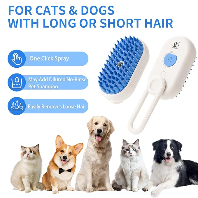 Cat Steam Brush for Shedding,4 in 1 Pet Steam Brush for Cats & Dogs,Deshedding,Massage,Cleaning & Anti-Static All In One,Suitable for Long & Short Haired Pets,Includes Waterless Shampoo,Blue