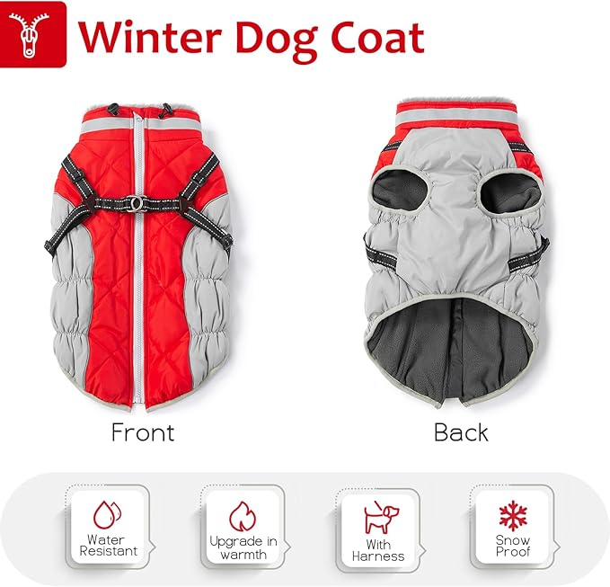 Dog Winter Coat with Harness, Dog Jacket, Pet Clothes with Zipper on Back, Waterproof Windproof Warm Vest, Reflective Cold Weather Coats, for Small Medium Large Dogs, Thick, Red,XS
