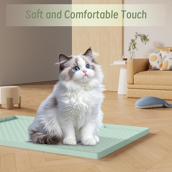 34"x22" Litter Mats Extra Large Easy Clean, Cat Litter Mat Large, Silicone Dog or Cats Feeding mat Waterproof, Cat Litter Mats for Indoor Cats, Green