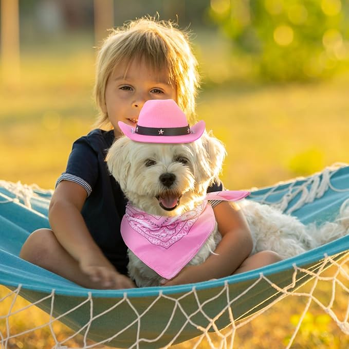 Yewong Pet Cowboy Costume Accessories Dog Cat Pet Size Cowboy Hat and Bandana Scarf West Cowboy Accessories for Puppy Kitten Party Festival and Daily Wearing Set of 2 (Pink)