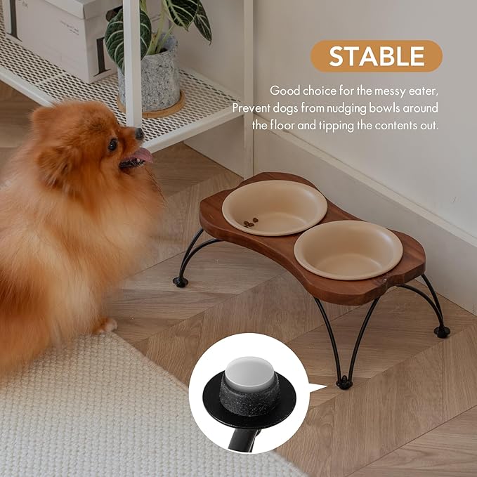 Ceramic 6.3-inch Raised Double-Bowl Set with Non-Slip Stand, Food & Water Dishes for Small and Medium Dogs, Wide Opening with Rounded Edges(Oat Beige)