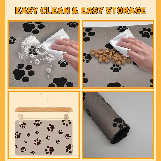 Dog Food Mat for Food and Water, Absorbent Pet Feeding Non-Slip Backing Cat Dog Bowl Mat No Stains Quick Dry Placemat with Footprints for Messy Brown,20"×12"