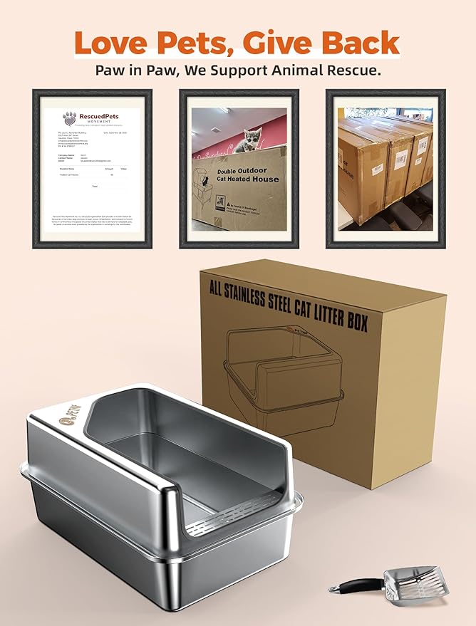 PETNF All Stainless Steel Cat Litter Box, High Sided Large Metal Litter Box - Leak-Proof, Anti-Litter Tracking, Easy Clean for Big Cats, Multi-Cat Households, 24"L x 18"W x 12"H (Silver White, 1 PACK)