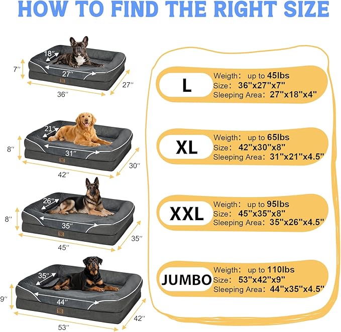 Washable Orthopedic Large Dog Bed - Removable Orthopedic Dog Beds XL with Bolster for Extra Large Dogs with Washable Cover and Non-Slip Bottom