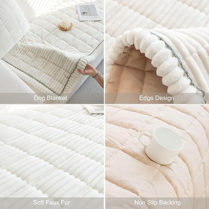 Faux Fur Plush Dog Couch Cover 3D Stripe Fuzzy Sofa Cover Non-Slip Fluffy Dog Bed Cover Pet Blanket Sofa Couch Furniture Protector for Puppy Large Dog Cat (Cream,28"x82")