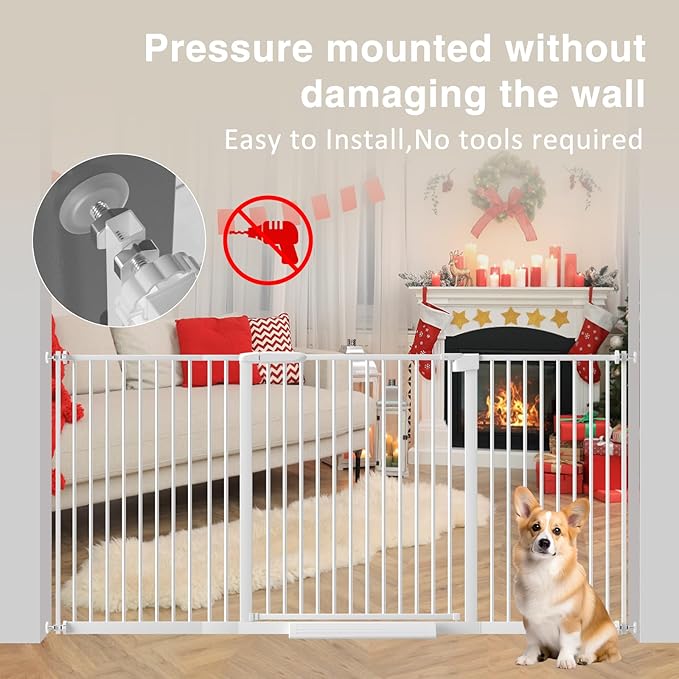 Extra Wide Baby Gate 30.11-77.36",Ultra Narrow 1.37" Spacing Dog Gate indoor,Double Lock Auto Close Pet Gate for House,Pressure Mounted Baby Gate Easy Walk Through Pet Gate for Hallway(White)
