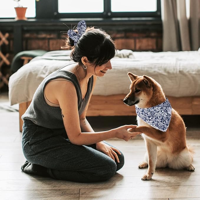 E-Clover Dog Bandanas Boy & Matching Scrunchie Set Dog Bandana Scarf Bibs with Bow Scrunchies for Medium Large Dogs Pet Owner Mom Boho