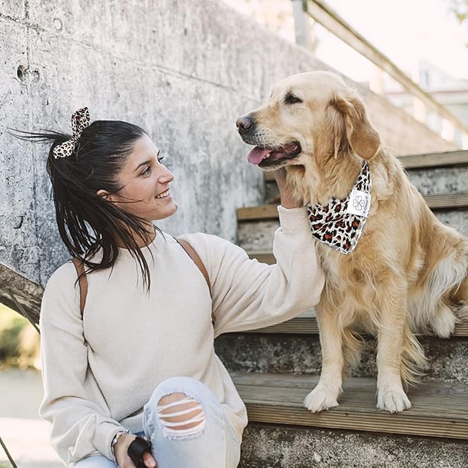 E-Clover Dog Bandanas & Matching Scrunchie Set Leopard Dog Bandana Bibs Washable Kerchief Scarf for Puppy Small Dogs & Owner