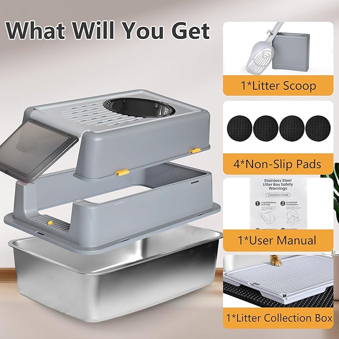 Stainless Steel Litter Box with Lid, XXL Extra Large Metal Cat Litter Boxes for Big Cats Enclosed, Easy to Scoop with Litter Scoop Set, High Sides Enclosure Anti-Urine Leakage Non-Sticky, Grey