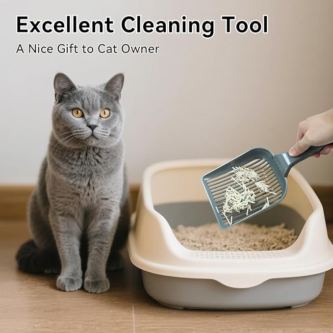 Large Cat Litter Scoop, fits All Boxes, Fast sifting for Kitten Poop, Reduces Hand Fatigue, Saves Litter, speeds scooping. Includes Holder.