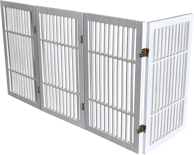 Pet Dog Gate Strong and Durable Freestanding Folding Acacia Hardwood Portable Wooden Fence Indoors or Outdoors by Urnporium (White Pet Gate, 4 Panel 30" Tall)