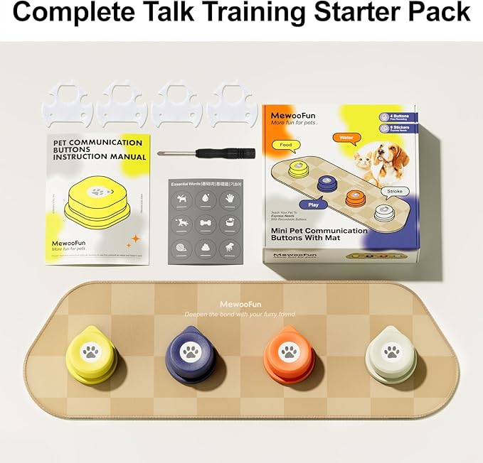 MEWOOFUN Dog Buttons Talk, Recordable Dog Clicker for Training, Dog Buttons for Communication Starter Set with Mat, Dog Talking Buttons Training Clicker for Small Dogs & Cats (Colorful, 4 Packs)