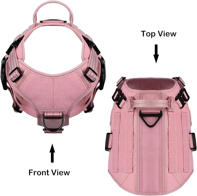 ICEFANG Tactical Dog Harness,Large Size, 2X Metal Buckle,Working Dog MOLLE Vest with Handle,No Pulling Front Leash Clip,Hook and Loop Panel (Pink, L (Pack of 1))