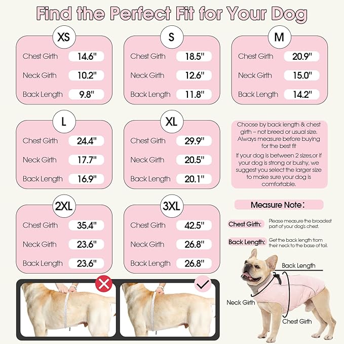 QBLEEV Warm Dog Coat for Medium Dogs, Waterproof Dog Winter Jacket with Built-in Harness & Reflective, Snowproof Warm Coat with Zip Closure, Neck Drawcord & Elastic Waist Snow Jackets, Pink, L