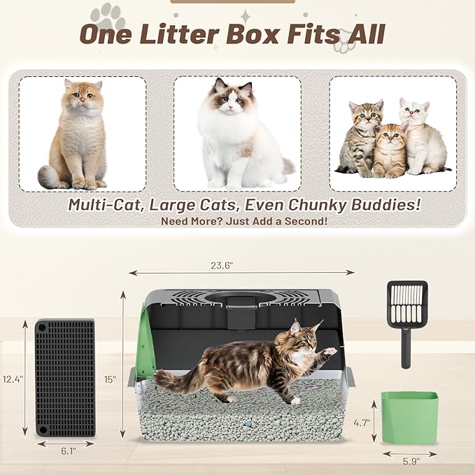 Extra Large Enclosed Stainless Steel Cat Litter Box Enclosure with Lid, Front Dual-Door and Top Exit Metal Cat Litter Pan Box for Big Cats, with Poop Scoop,Box Step, Waste Bin & Trash Bags, Black