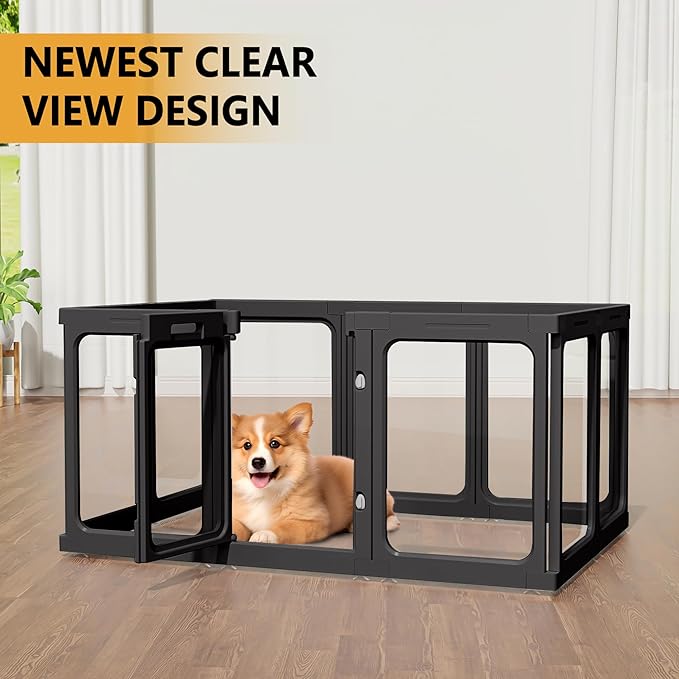 Clear Acrylic Dog Playpen with Door, for Puppy Rabbit Transparent Pet Pen, Black Dog Playpen Indoor, Dog Fence, Easy Assemble & Cleaning Dog Pen for Small & Medium Dogs (23.6“ Height, 10PCS)