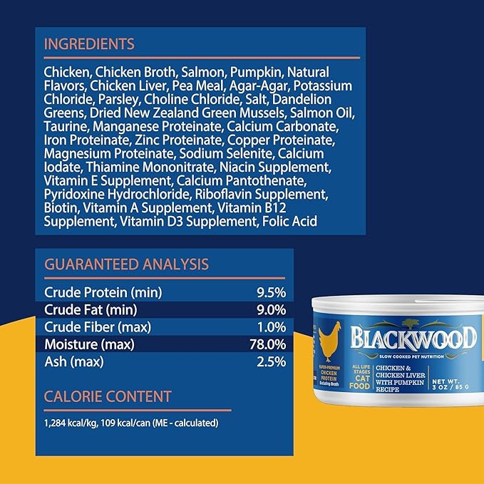 Blackwood Wet Cat Food, Chicken & Chicken Liver with Pumpkin Recipe for All Life Stages, 3 Ounce Can (Pack of 12), Slow Cooked, Grain Free
