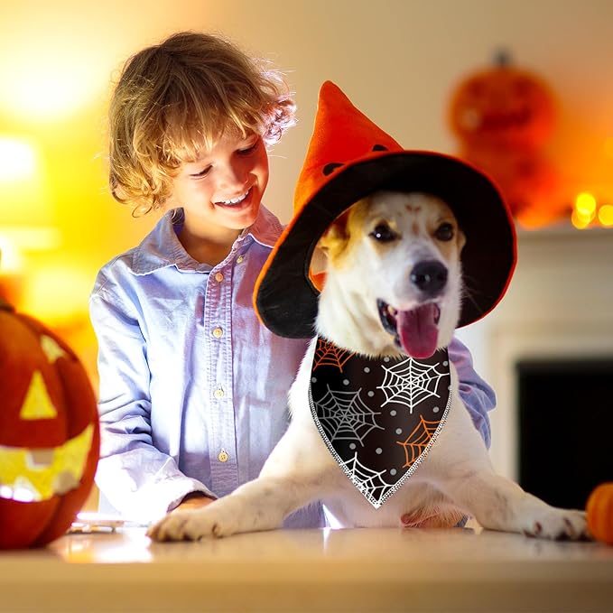 Frienda 30 Pcs Halloween Dog Bandanas Bulk Spider Web Bandanas for Dogs Black Orange Purple Triangle Kerchief Bibs Scarf Set for Pet Halloween Costume Photo Props Accessories Pet Shops, 6 Styles