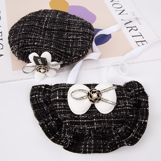 HOWWFALY 2PCS Cat Beret Hat with Camellia, Adjustable Bow Bandana Scarf Set Pet Princess Costume for Halloween Christmas, Cat Dog Birthday Party Apparel (Camellia)