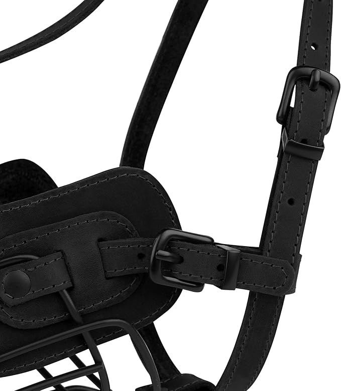 OOPSDOGGY Metal Pitbull Dog Muzzle Reflective Leather Mask Secure Wire Basket Muzzle for Large Sized Dogs Amstaff Soft Cage Muzzle to Prevent Biting Chewing with Adjustable Straps (Black, Pitbull)