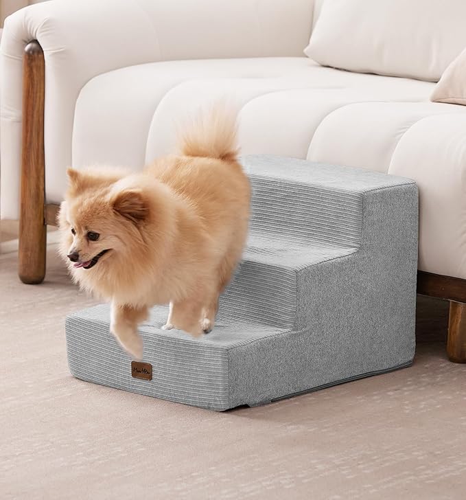 Made4Pets Dog Stairs for Small Dogs, Extra Wide Dog Steps for Bed Couch Sofa and Chair, 35D Foam Pet Steps for Small Dogs and Cats(Up to 40lbs), Non-Slip Bottom Pet Stairs, Light Grey, 3 Steps