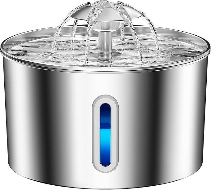 Cat Water Fountain Stainless Steel - 74oz/2.2L Corded Pet Water Dispenser Automatic Silent Cats Dispenser for Drinking Inside Indoor Metal Kitty Spout Fountain with 6 Filters & 6 Sponges