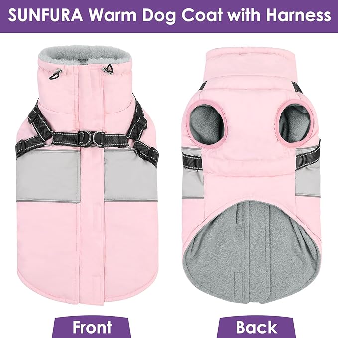 SUNFURA Dog Coat, XXL Dog Jacket Winter with Harness Built in, Waterproof Pet Snow Jacket with Furry Collar for Chilly Day, Reflective Fleece Snowsuit for Extra Large Dogs, Pink 2XL