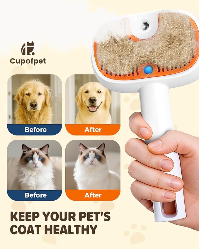 Pet Steam Brush for Dog &Cat, 3-in-1 Self-Cleaning Dog Brush Pet Spray Hair Removal Comb, 2 Spray Modes Rechargeable Deshedding Dog Steam Spray Hair Brush for Shedding Massaging Cleaning (White)