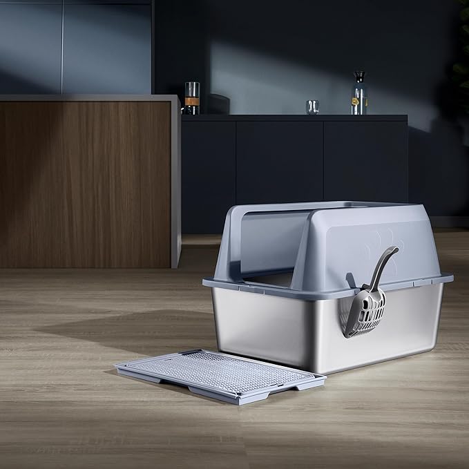 8" Deep 15.75" High Wall Sides Stainless Steel Cat Litter Box with Lid Extra Large Litter Box for Big Cats Deep Leak Proof Litter Pan, Easy Clean, Non Stick, No Odor, with Mat and Litter Scoop