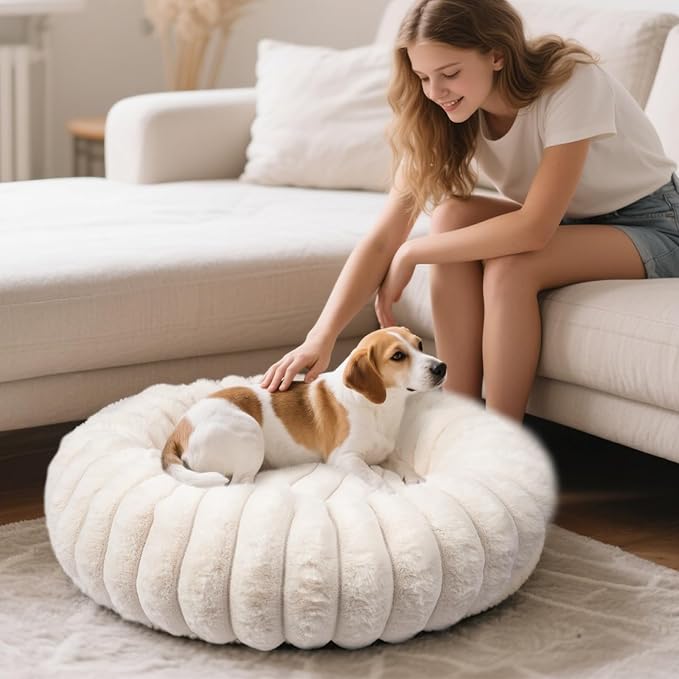Donut Dog and Cat Bed, Luxurious Comfortable Faux Rabbit Fur Pet Beds, Round Anti-Anxiety Calming Puppy Kitten Bed with Anti-Slip Bottom for Small Dogs & Cats(20", White)