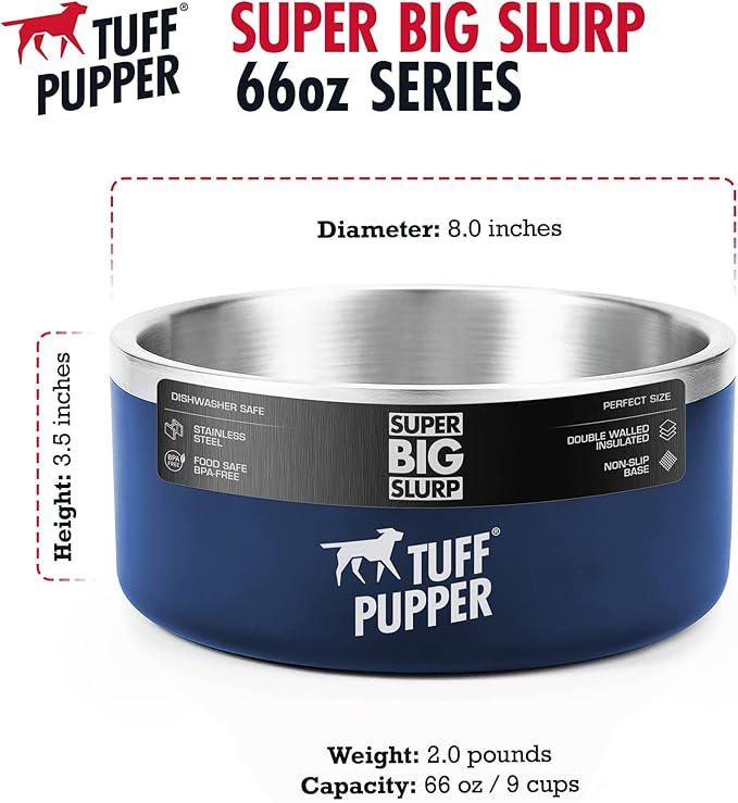 Tuff Pupper Heavy Duty Insulated Dog Bowl | Double Wall Stainless Steel Dog Food Dish | Non-Slip Spill Proof Dishwasher Safe Cat Bowl | Water Dish for Feeding Large Medium Small Pets (66oz, Blue)