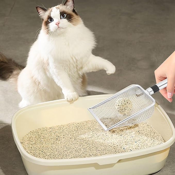 AccEncyc Cat Litter Scoop 2PCS Stainless Steel Mesh Litter Shovel Poop Sifting Litter Box Scooper with 2 Self-Adhesive Hooks, Kitten Pooper Lifter for Litter Box