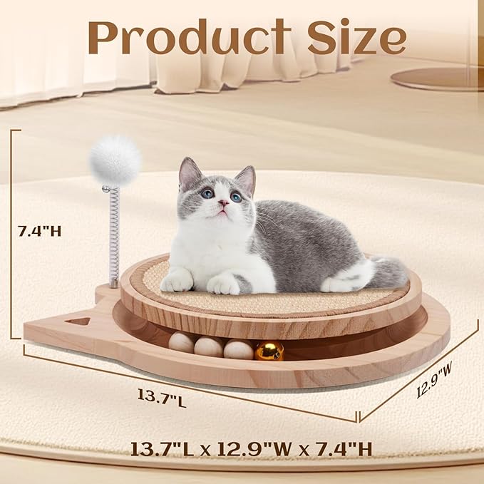 Natural Sisal Cat Scratcher, Round Cat Toys for Indoor Cats Interactive Toys with Ball Track Spring Ball, Kitten Toys for Chasing Hunting Mental Physical Exercise Puzzle