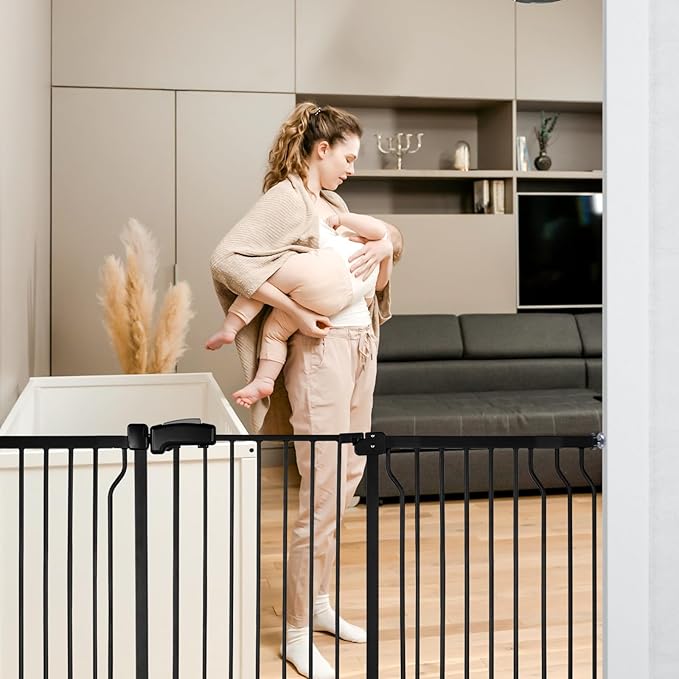 Extra Wide Baby Gate for Stairs Doorways with Door, 30" Tall 57.1-66.5" Wide Easy Install Dog Gate Indoor, Safety Metal Pressure Mounted Pet Gate with Walk-Thru Auto Close for the House, Black